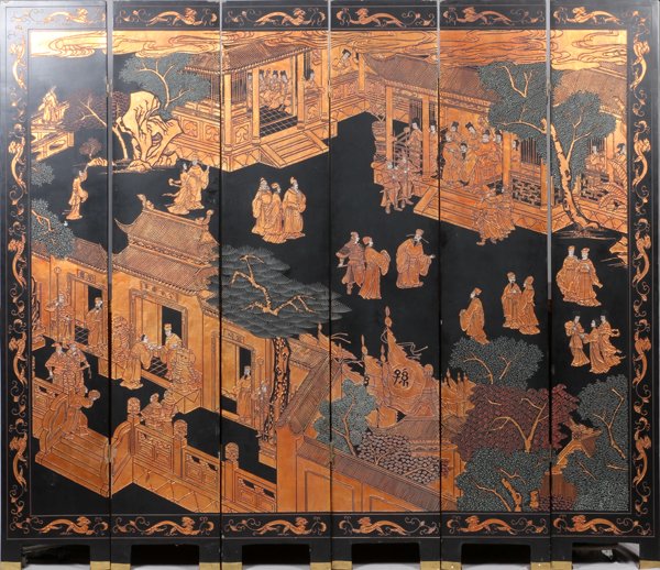 CHINESE 6 PANEL SCREEN: CHINESE 6 PANEL SCREEN, H 84", W 15 3/4" PER PANEL:Featuring Chinese genre scenes with dragon border. For a high resolution photo CLICK HERE