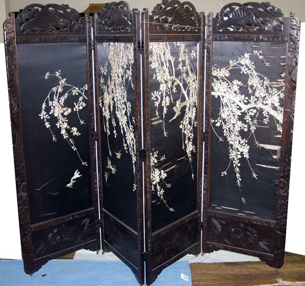 CHINESE CARVED TEAKWOOD SCREEN C.1880: CHINESE CARVED TEAKWOOD SCREEN C.1880, AS IS 74" X 96":Four panels. Panels are lined with silk on silk hand embroidery. 19th.c. For a high resolution photo CLICK H