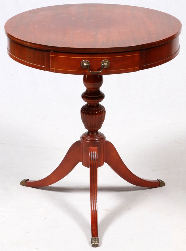 FEDERAL STYLE MAHOGANY END TABLE C1940: FEDERAL STYLE MAHOGANY END TABLE, C1940, H 28", DIA 24":Tripod base with one drawer. For a high resolution photo CLICK HERE
