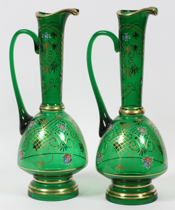 CZECH HAND PAINTED GLASS LAMP GLOBES, PAIR: CZECH HAND PAINTED GLASS, LAMP GLOBES, EWER SHAPED, PAIR:Emerald colored glass ewer shaped lamb globes, each hand painted with floral motif. For a high resolution photo