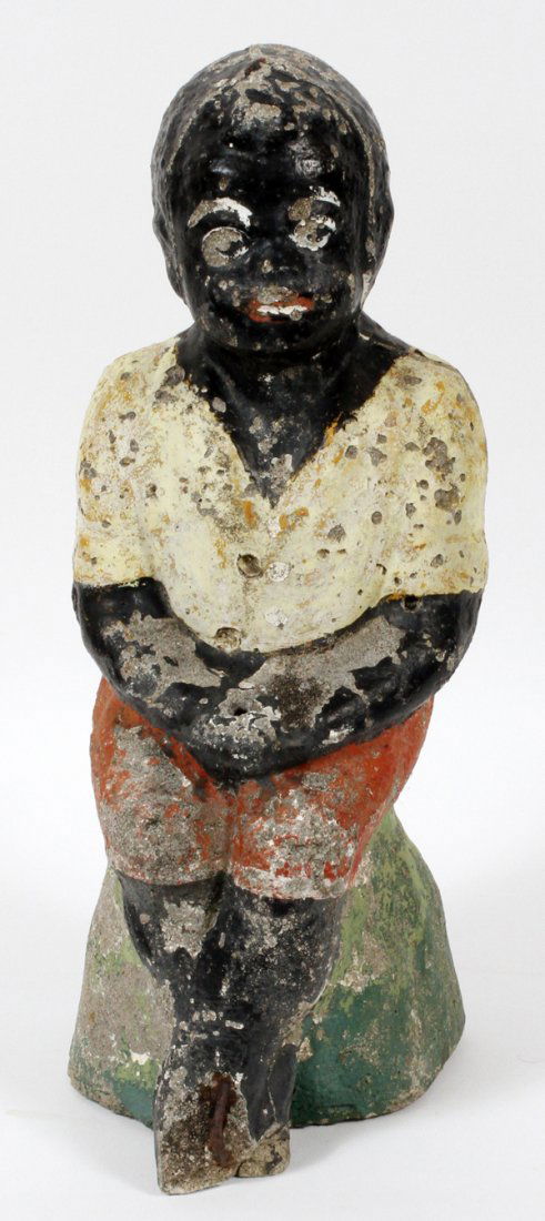 'BLACK BOY FISHING' CEMENT GARDEN STATUE C1920: 'BLACK BOY FISHING', CEMENT GARDEN STATUE, C1920, H 17", W 8":depicts a little boy sitting on a rock fishing. (missing fishing rod). For a high resolution photo CL