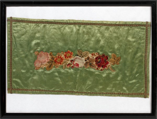 FRENCH NEEDLEPOINT & SILK PANEL FRAMED: FRENCH NEEDLEPOINT & SILK PANEL, 22 1/2" X 12", FRAMED:Red, pink and white needlepoint roses on a green silk ground, metallic thread border. From the estate of Anna Thompson Dodge, For a high resoluti