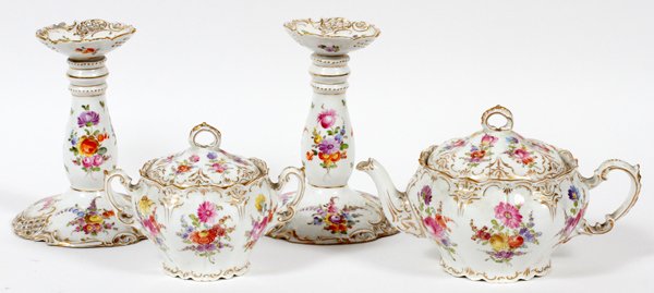 DRESDEN CANDLESTICKS, TEAPOT & COVERED SUGAR BOWL (1 of 3)