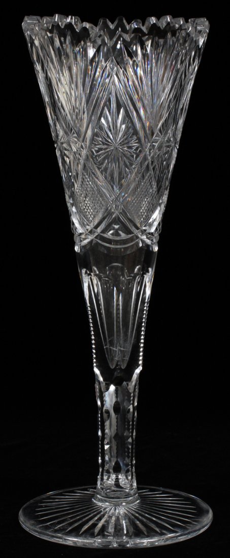 CUT GLASS VASE C. 1910: CUT GLASS VASE, C. 1910, H 14":Trumpet-shape, with fan border.