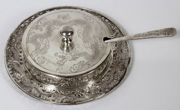 CHINESE SILVER COVERED BUTTER DISH W/ KNIFE C. 1940 (1 of 4)