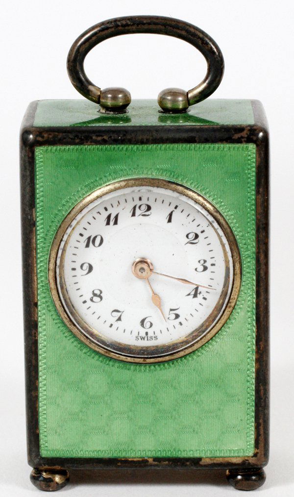 STERLING & GREEN ENAMEL MINIATURE CARRIAGE CLOCK (1 of 2)