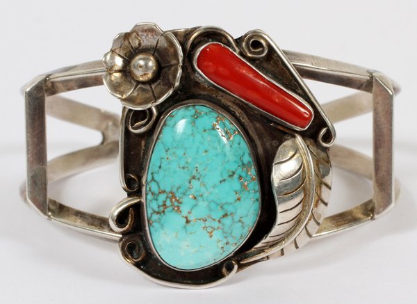 NATIVE AMERICAN SILVER CORAL & TURQUOISE BRACELET (1 of 2)
