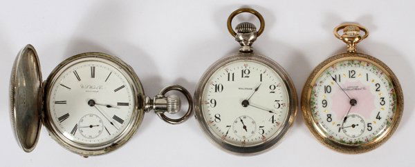 WALTHAM COIN SILVER POCKET WATCHES, THREE (1 of 2)