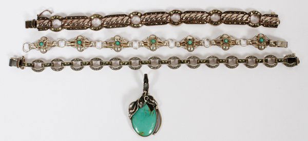 STERLING & MARCASITE BRACELETS & TURQUOISE PENDANT (1 of 1)