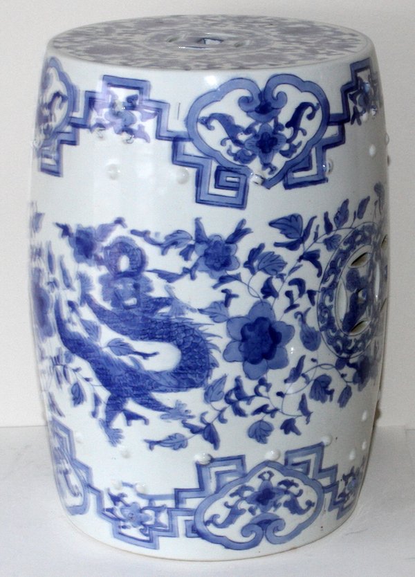 CHINESE BLUE & WHITE PORCELAIN GARDEN SEAT: CHINESE BLUE & WHITE PORCELAIN GARDEN SEAT, H 19" DIA 12":Barrel form, with blue overall floral motif, featuring exotic bird. Measures H. 19", DIA 12".