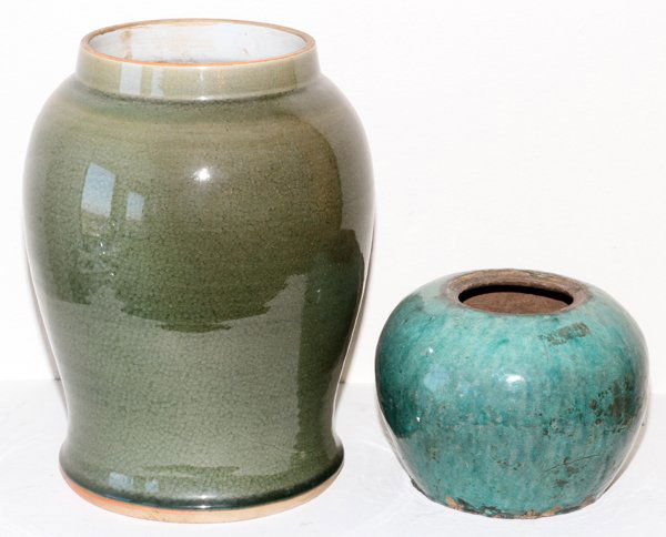 CHINESE GREEN GLAZED JARS, TWO (1 of 2)