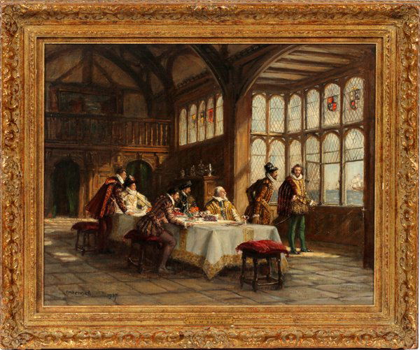 FRANK MOSS BENNETT OIL ON CANVAS 1937: FRANK MOSS BENNETT (BRITISH, 1874-1953), OIL ON CANVAS, 1937, H 16", W 20", "TREASURE SHIPS IN SIGHT":Signed and dated lower left; gilt frame. Provenance: Daniel Rees Art Dealer (see additional photos