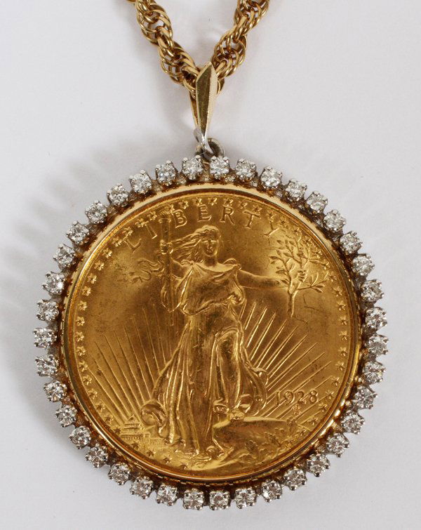 YELLOW GOLD LINK NECKLACE & 20 DOLLAR COIN PENDANT