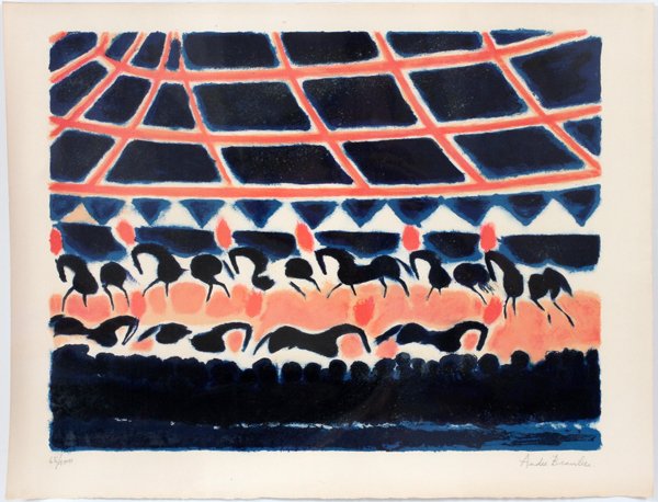 ANDRE BRASILIER COLOR LITHOGRAPH: ANDRE BRASILIER (FRENCH, B. 1929), COLOR LITHOGRAPH, IMAGE: H 19", W 25", "LA RONDE DES CHEVAUX DE CIRQUE":Pencil signed; #65/100; unframed.