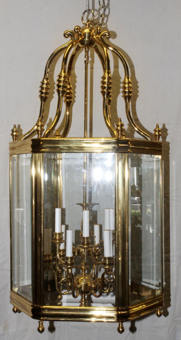HEXAGONAL BRASS AND GLASS HANGING LANTERN (1 of 2)