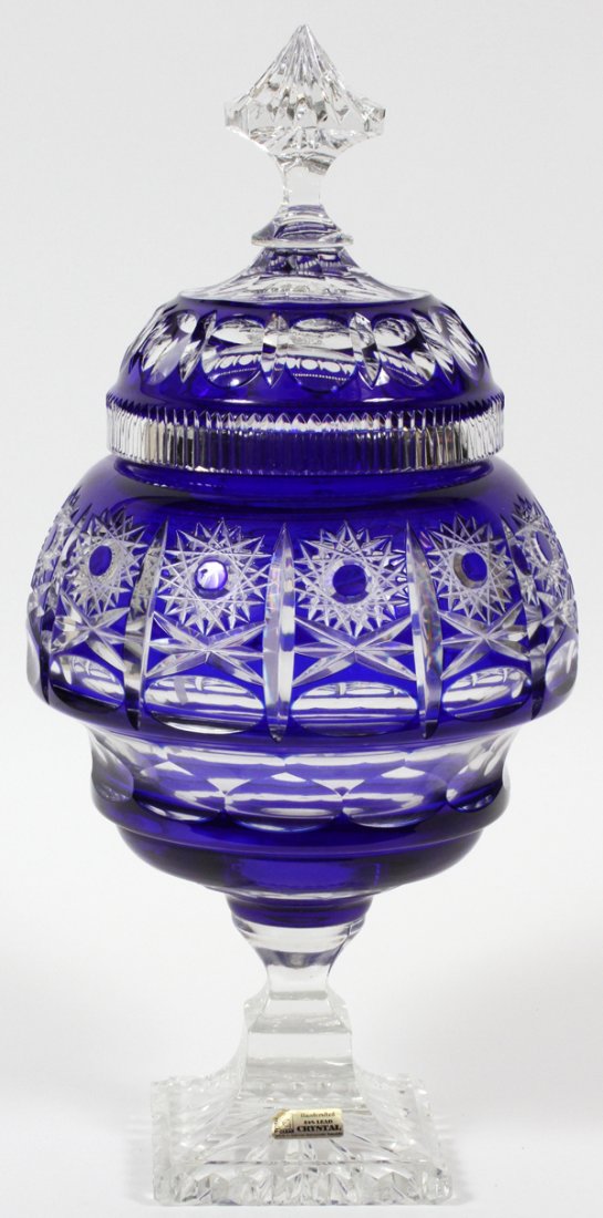 GERMAN CUT GLASS COBALT OVERLAY COMPOTE (1 of 1)