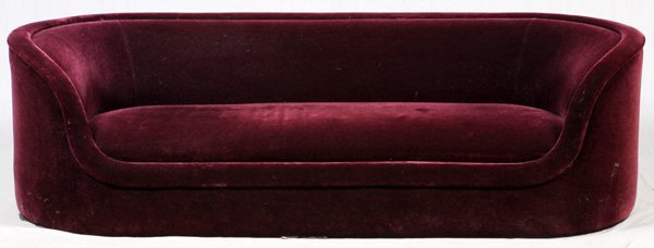 WARD BENNETT UPHOLSTERED SOFA: WARD BENNETT (AMERICAN, 1917-2003), UPHOLSTERED SOFA, H 24", L 84", BRICKEL ASSOC. INC.:Oblong sofa with encircling arms, upholstered in eggplant purple velvet; Brickel Associates label (see additiona
