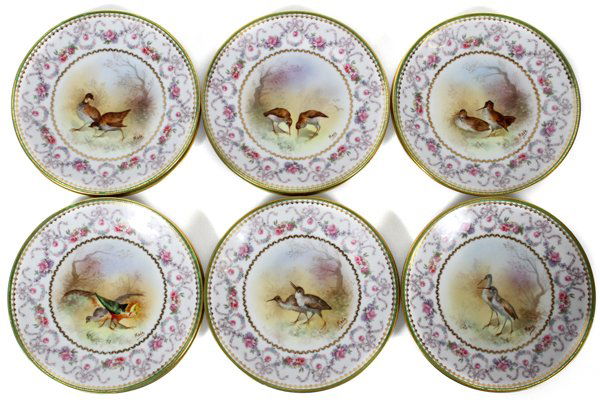 L. BERNARDAUD & CO. LIMOGES PORCELAIN PLATES 12: L. BERNARDAUD & CO. LIMOGES PORCELAIN SERVICE PLATES, 12, DIA 9":Signed. Various hand painted bird designs. "L. Bernardaud & Co. Limoges D & C France" on the undersides. For a high resolution photo