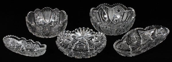 BRILLIANT CUT GLASS BOWLS & RELISH DISHES, 5 PIECES (1 of 2)