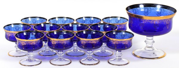 VENETIAN BLUE & CLEAR GLASS CHAMPAGNES & PUNCH BOWL (1 of 2)