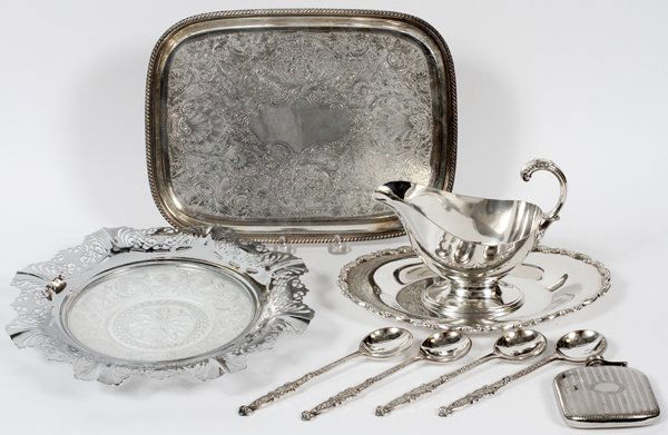 SILVERPLATE SERVING PIECES AND FLASK, 8 PCS. (1 of 2)