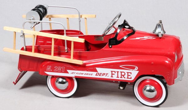 'GLIDE RIDE' FIRE ENGINE PEDDLE CAR C1955: 'GLIDE RIDE' FIRE ENGINE, PEDDLE CAR, C1955, H 20", W 15", L 38":having a red sheet metal stamped body, two ladders, black hose on reel, stenciled on side 'Jet Flow Drive #281'.Chrome Steering wheel a
