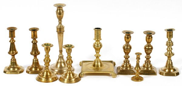 BRASS CANDLESTICKS C. 1880-1900, NINE (1 of 2)