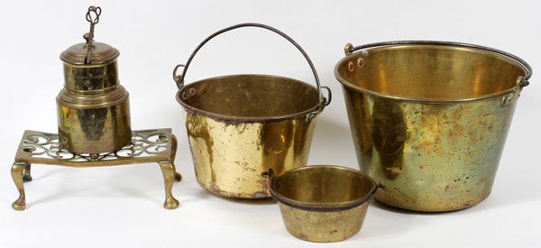 BRASS COAL BUCKETSKETTLE AND FOOTMAN 6 PCS. (1 of 1)
