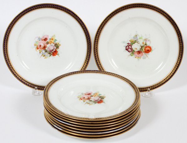 GEORGE JONES ENGLISH PORCELAIN DESSERT PLATES SEVEN: GEORGE JONES, ENGLISH PORCELAIN DESSERT PLATES, SEVEN, DIA 8":Retailed by Ovington Bros. New York. Black and gold border with laurel leaves. Hand painted garden flowers. #19295. For a high resolution 