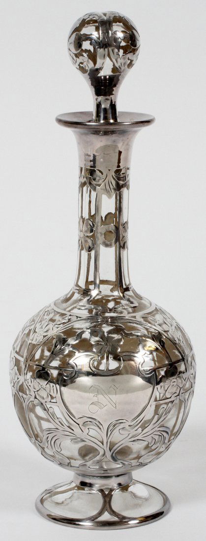 STERLING OVERLAY CRYSTAL DECANTER EARLY 20TH C. (1 of 2)