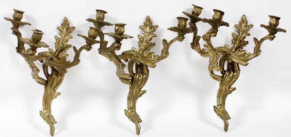 FRENCH STYLE BRONZE SCONCES SET OF THREE: FRENCH STYLE BRONZE SCONCES, SET OF THREE, H 15", W 13":Not electrified. To be used with candles. Candle holders and bobaches detach with screws. For a high resolution photo