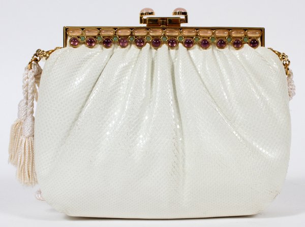 JUDITH LEIBER WHITE KARUNG BAG W/ JEWELED CLASP: JUDITH LEIBER WHITE KARUNG BAG WITH JEWELED CLASP, W 7 1/2'':White karung snakeskin bag with gold toned and jeweled clasp. White rope shoulder strap. Includes coin purse, comb, and mirror. Measures: W