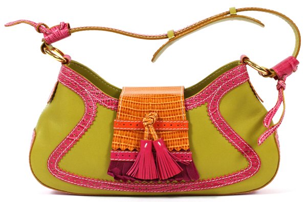 ETRO LEATHER SHOULDER BAG: ETRO LEATHER SHOULDER BAG, W 12'':Kiwi green leather body with hot pink and brown embossed snakeskin trim. Labeled: Etro, Milano, Made in Italy. Measures: W.12'' x 6'' x 2''. For a high resolution pho