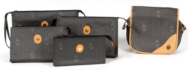 MARK HERRINGBONE SHOULDER BAG & COSMETIC BAGS: MARK CROSS HERRINGBONE LOGO & LEATHER SHOULDER BAG & COSMETIC BAGS, FIVE:Black and gray herringbone bags with tan leather trim, including 1 cross body style purse and 4 different sized cosmetic cases.