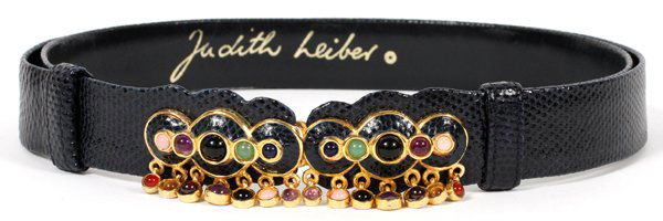 JUDITH LEIBER BLUE KARUNG BELT W/ JEWELED BUCKLE: JUDITH LEIBER BLUE KARUNG BELT WITH JEWELED BUCKLE:Blue karung snakeskin belt with gold and jeweled buckle including multi colored stones, inset stones, and inlaid matching karung. Adjustable size. La