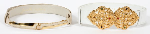 JUDITH LEIBER WHITE KARUNG & LEATHER BELTS, TWO (1 of 4)