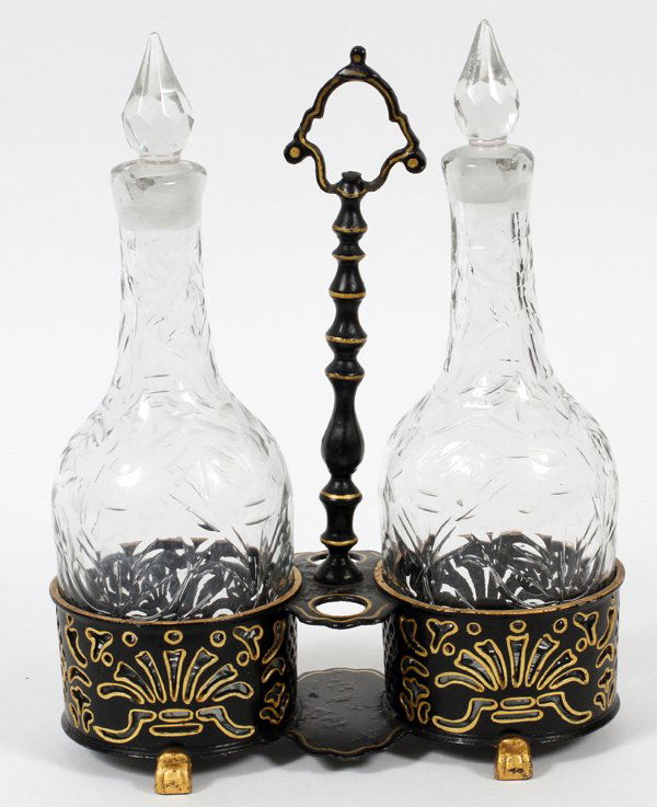 ENGLISH TOLE CRUET STAND W/BOTTLES C. 1800 (1 of 2)
