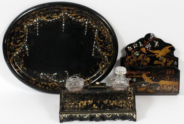 ENGLISH PAPIER MACHE TRAY INKSTAND & LETTER HOLDER (1 of 3)