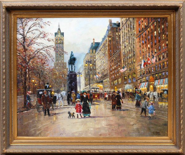 ROBERT LEBRON, OIL: ROBERT LEBRON, (AMERICAN, 1928-2013), OIL, H 36", W 48", "CENTRAL PARK, SOUTH":Signed lower right. gilt frame. For a high resolution photo CLICK HERE