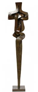 SOREL ETROG BRONZE SCULPTURE #4/7: SOREL ETROG, BRONZE SCULPTURE #4/7 H 49", KNOTTED FIGURE:Signed and numbered 4/7 (see additional photo), H.49" x 10 3/4". Raised on a separate wood plinth, H.11 1/2" x 12" x 12". Sorel Etrog, Canadian