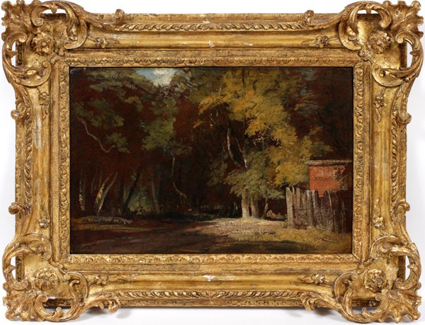 AFTER JOHN CONSTABLE OIL ON WOOD PANEL 1829: AFTER JOHN CONSTABLE, OIL ON WOOD PANEL, 1829, 14" X 22", LANDSCAPE:John Constable and 1829 on back of panel. Carved wood Barbizon frame. For a high resolution photo
