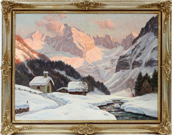 E. KETTEMANN OIL ON CANVAS: E. KETTEMANN, (GER. 1897-71) OIL ON CANVAS, H 23", W 31":Depicting snow in the mountains. Erwin Kettemann. For a high resolution photo CLICK HERE