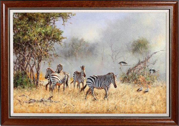 ERIC FORLEE OIL ON CANVAS 1994: ERIC FORLEE (ASIAN/AMERICAN, B. 1949), OIL ON CANVAS, 1994, 24" X 36", ZEBRAS NEAR BRUSH FIRE:Signed lower left, dated '94, framed. For a high resolution photo CLI