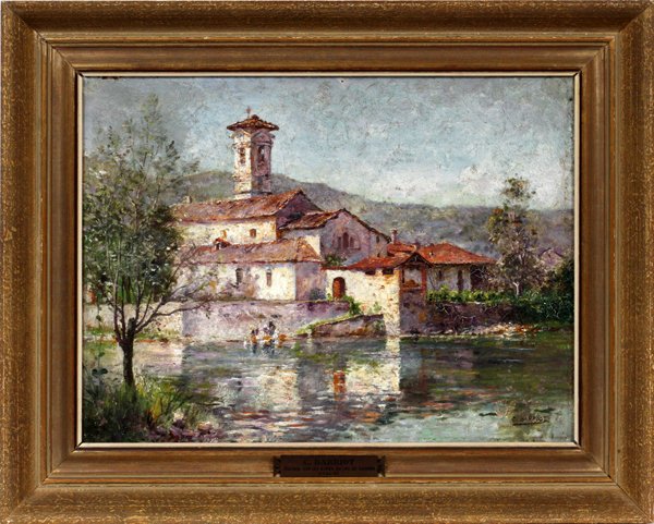 CLAUDE BARRIOT OIL ON CANVAS: CLAUDE BARRIOT (FRENCH, 1846-1908), OIL ON CANVAS, H 14", W 18", "VILLAGE SUR LES BORDES DU LAC DE LUGANO":Signed lower right; later frame. For a high resolution photo