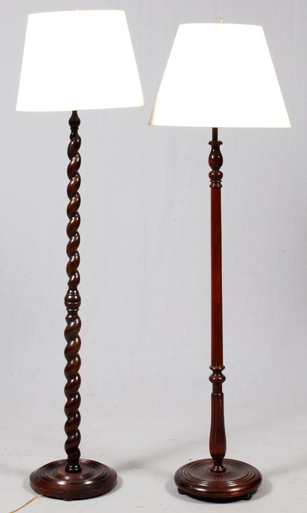 WOOD FLOOR LAMPS, TWO: WOOD FLOOR LAMPS, TWO, H 60 & 68":One with a barley twist and another with a fluted column support. For a high resolution photo CLICK HERE