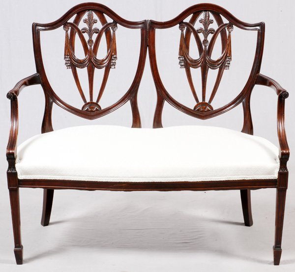 SHERATON MAHOGANY SHIELD FORM DOUBLE BACK SETTEE (1 of 2)