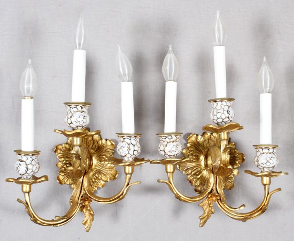 THREE-LIGHT GILT METAL AND ENAMEL TWO-LIGHT SCONCES (1 of 2)