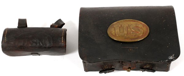 CIVIL WAR U.S. NAVY PISTOL & CARTRIDGE POUCHES: CIVIL WAR AND POST CIVIL WAR, U.S. NAVY PISTOL AND INFANTRY CARTRIDGE POUCHES, C1864-65, 10+ PCS.:Includes one Civil War U.S. Navy pistol cartridge pouch with three lead rounds. Also a soldier's infan