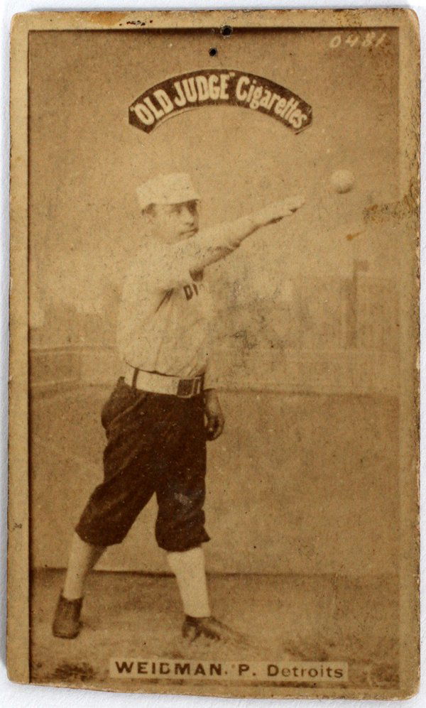 OLD JUDGE CIGARETTES EARLY BASEBALL TOBACCO CARD: OLD JUDGE CIGARETTES, EARLY BASEBALL TOBACCO CARD, C1887, H 2 3/8", W 1 7/16" WEIDMAN. P. DETROITS:Inscribed at the top: 'Old Judge Cigarettes' and '0481' in upper right hand corner. Depicts an image