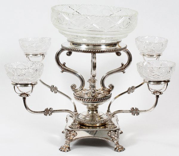 ENGLISH SHEFFIELD PLATE & CUT GLASS EPERGNE (1 of 5)